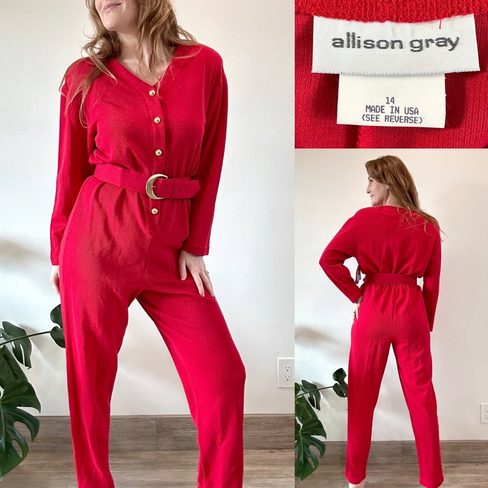 Vintage 90's Deadstock Allison Gray Red Sweater Jumpsuit + Belt Fits M/L 30-34"W
